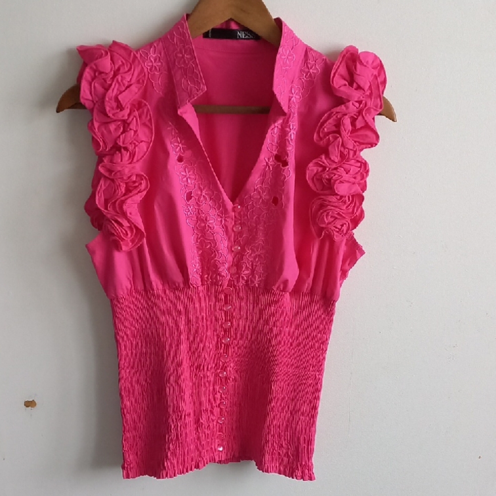Pink Ruffled Smocked Blouse